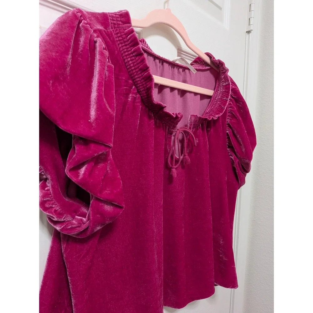 Free People Terese Velvet Top Ruffle Neck Puff Sleeve Magenta Pink Large